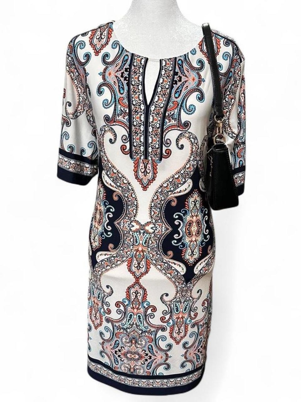 Roz & Ali White Paisley-Print Midi Sheath Dress with Navy Accents Size 14 Petite
